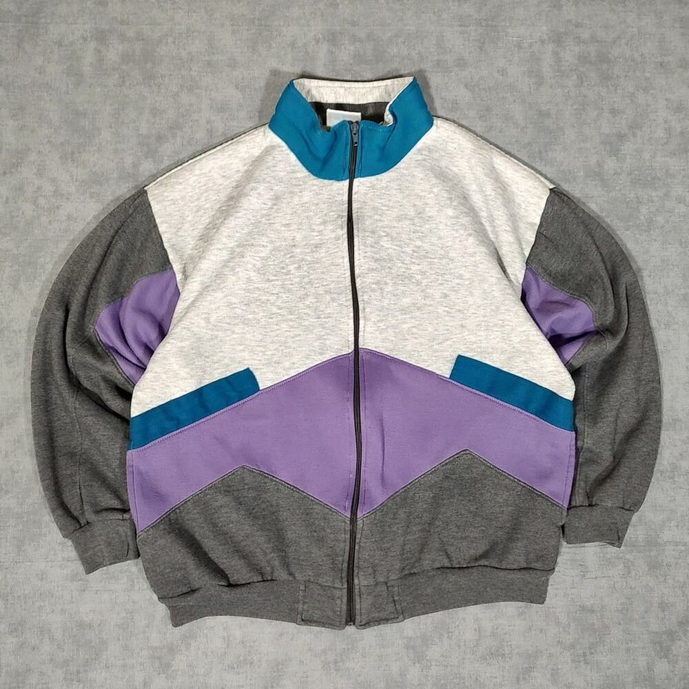 VTG Active Wear colorblock fleece bomber track jacket retro warm up womens L